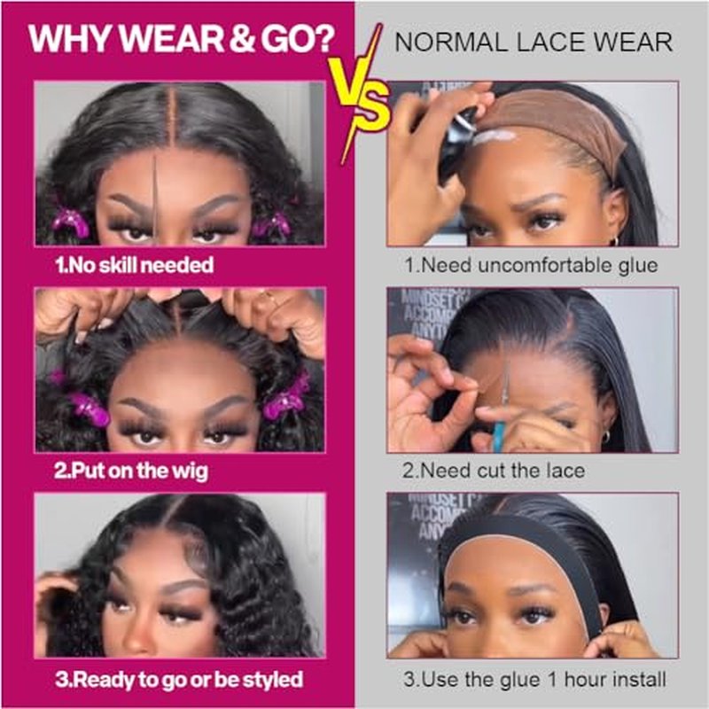 Curly Bob Wig Human Hair Deep Wave Glueless Wigs Human Hair Pre Plucked Pre Cut 5x5 Wear And Go Glueless HD Lace Closure Wigs Human Hair For Black Women 200% Density Black Color 14 Inch