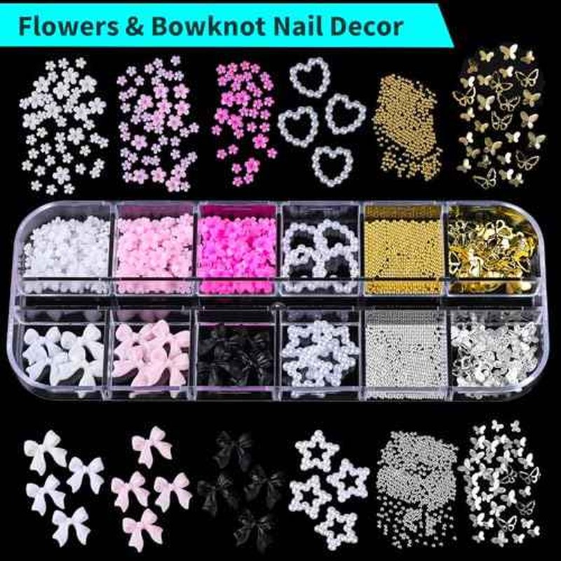 Teenitor Nail Charms and Gems Nail Art Tools, 3 Box 3D Flower Nail Charms for Nails Design Tools, Nail Pearls Nails Supplies, Butterfly Bow Nail Charms Nail Decor 3D Nail Art Kit