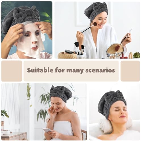 SUNLAND Large Microfiber Hair Drying Caps with Bow knot Fast Drying Shower Cap Soft and Absorbent hairWrap Hair Turban Bath Caps for Curly Thick and wet Hair 11 X 13.4 inch 2 Pack Dgrey