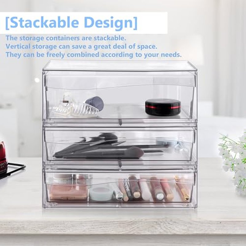 Homeanda 4 Pack Clear Stackable Storage Drawers, 12.1''W Acrylic Plastic Organizers for Makeup, Nail Polish, Snacks, Beauty Supplies, Ideal for Vanity, Bathroom, Undersink, Cabinet, Desk Organization