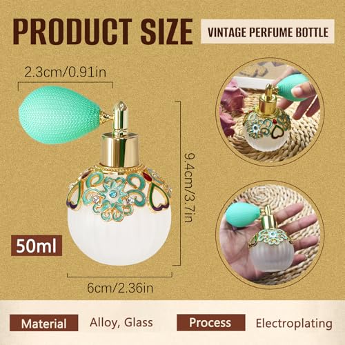Small Vintage Perfume Bottle, 1 Pack 50ml Glass Empty Drop Refillable Atomizer, Retro Empty Refillable Essential Oils Glass Flacon Diffuser for Women Girls Mum Birthday Gift