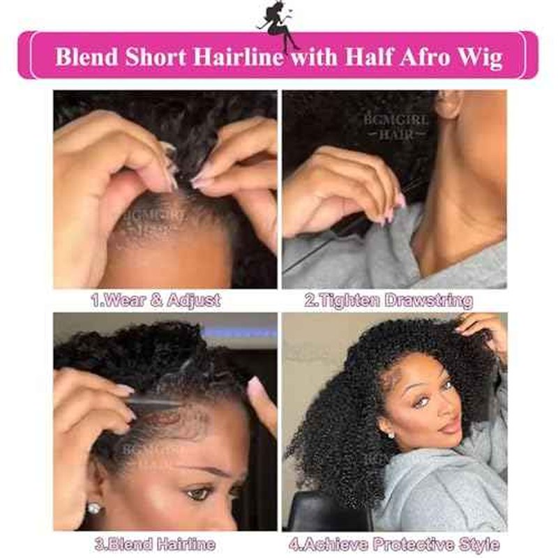 BGM GIRL Half Wig Human Hair Kinky Curly 3 in 1 Wigs Beginner Friendly Flip Over Drawstring Glueless Wig Kinky Curly Ready to Go Seamless Clip in Wigs Natural Black Color 22 Inch