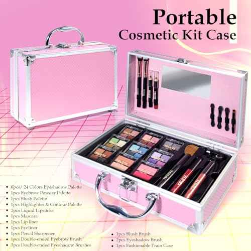 Makeup Starter Set, Beginner Cosmetics Kit, Full Train Case, Eyeshadow, Blusher, Contour, Eyebrow Powder