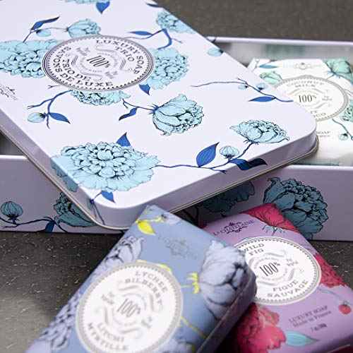 La Chatelaine Luxury Bar Soap Trio Gift Set Tin ? Winter White | Made in France | Natural and Organic Soap Bars | Shea Butter Formula | 3 x 7 oz / 200g (Cherry Almond, Coconut Milk, Lychee Bilberry)