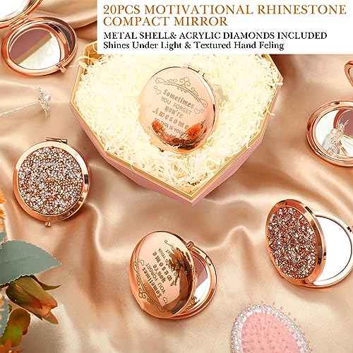 Cindeer 20 Pcs Small Compact Mirror Folding Pocket Makeup Round Hand Held Cosmetic Magnifying Compact Rhinestone Mirror with 1X/2X Magnification for Women Girls Travel (Gold Style)