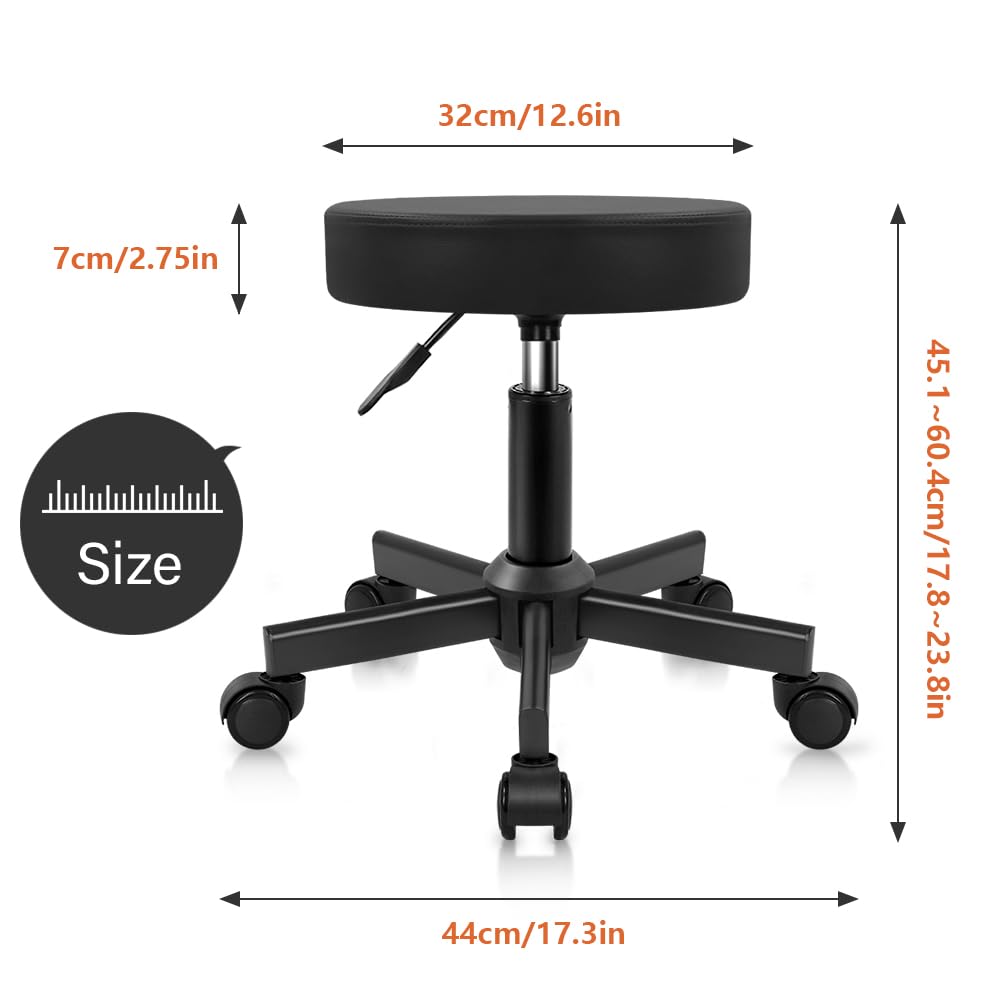 KKTONER Round Stool Rolling Stools PU Leather Height Adjustable Stool with Wheels Swivel Spa Drafting Work Chair Small (Black)