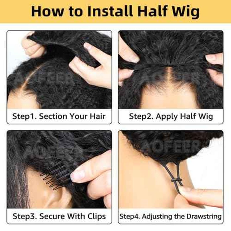 20 Inch Kinky Straight Glueless Wig 3 in 1 Half Wig with Elastic Drawstring Seamless Flip Over Yaki Straight Wear and Go Glueless Wigs Human Hair Drawstring Wigs for Women 200 Density