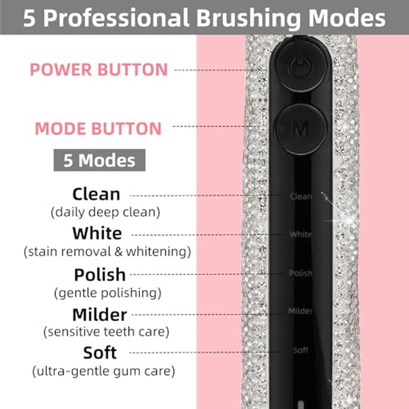 Diamond Sonic Electric Toothbrush Bling Rechargeable Toothbrushes for Adults with 6 Brush Heads Vibrating Toothbrush-5 Modes, USB-C Fast Charge,2Min Smart Timer,IPX7 Waterproof(White)