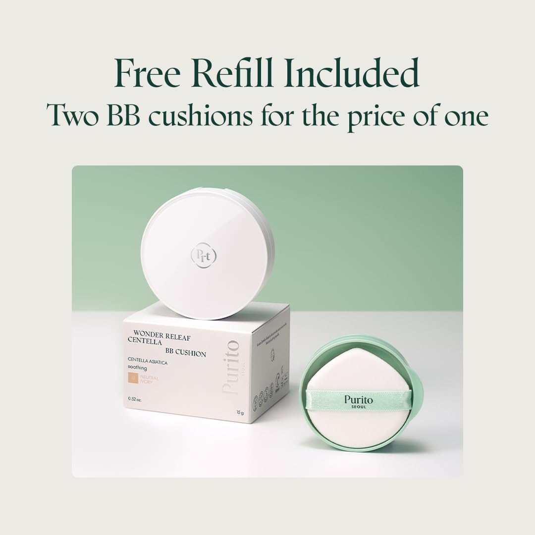 PURITO SEOUL Wonder Releaf Centella BB Cushion #23 Natural Beige, Foundation, Korean Centella, Makeup Long Lasting, Flawless Coverage, K-Beauty, 15g, 0.52 fl.oz