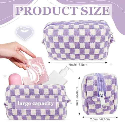Preppy Checkered Makeup Bag Set with 7 Pcs Friendship Bracelets and 50 Purple Stickers Cute Cosmetic Travel Pouch Teen Girls' Gifts Perfect for Skincare Supplies Birthday Gift Idea, 58 Pcs