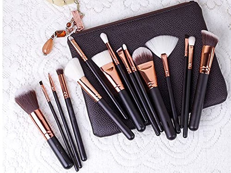 15-Piece Rose Gold Makeup Brush Set - Natural Hair Brushes with Premium Travel Bag