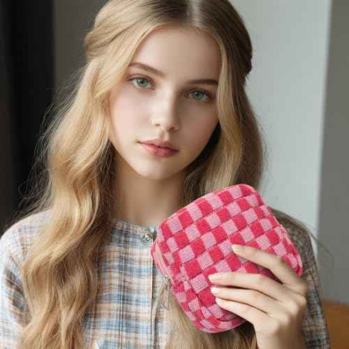 KOTORA 3pcs Checkered Mini Makeup Bag Pocket Cosmetic Bag Portable Aesthetic Preppy Makeup Bag for Women Mini Travel Makeup Organizer Storage Car Accessories (Blue Pink Purple)