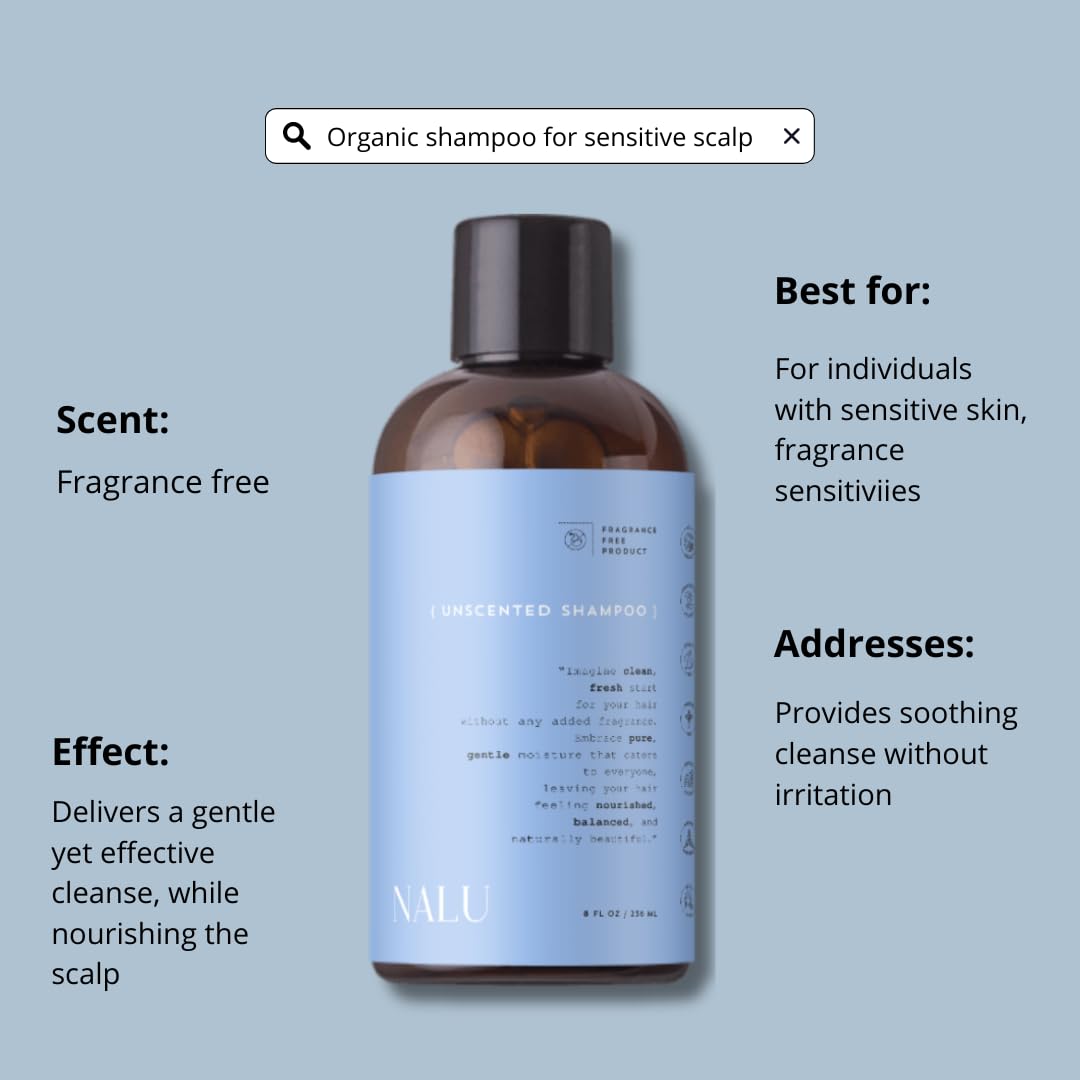 NALU Unscented Shampoo - Organic Rosemary & Lavender Hydrosol for Sensitive Scalp | Nourishing & Calming, 8 Fl Oz