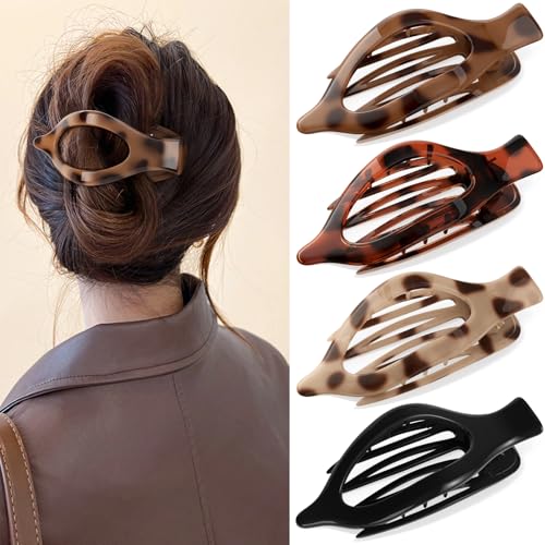 4 PCS Large Flat Hair Clips for Women Girls, French Concord Lay Down Claw Clips for Thick Thin Hair, Comfortable Curved Flat Clip, Leopard Print Stylish Strong Hold Hair Accessories, Tortoise