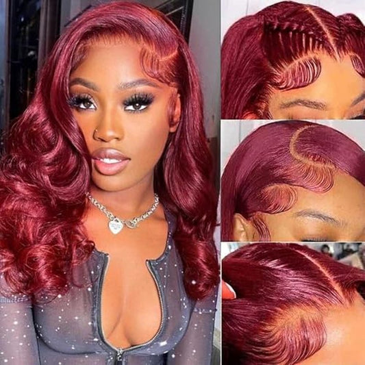 99J Burgundy Body Wave Bob Wig 13x4 HD Transparent Lace Front Wigs Human Hair Pre Plucked 180% Density Glueless Wigs Human Hair with Baby Hair for Women 14 Inch