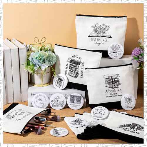 Paterr 20 Pcs Book Lover Gifts for Women Inspirational Canvas Makeup Bag with Zipper and Mini Compact Mirrors Thank You Gift for Book Club Reading Student Teacher Librarian Writer