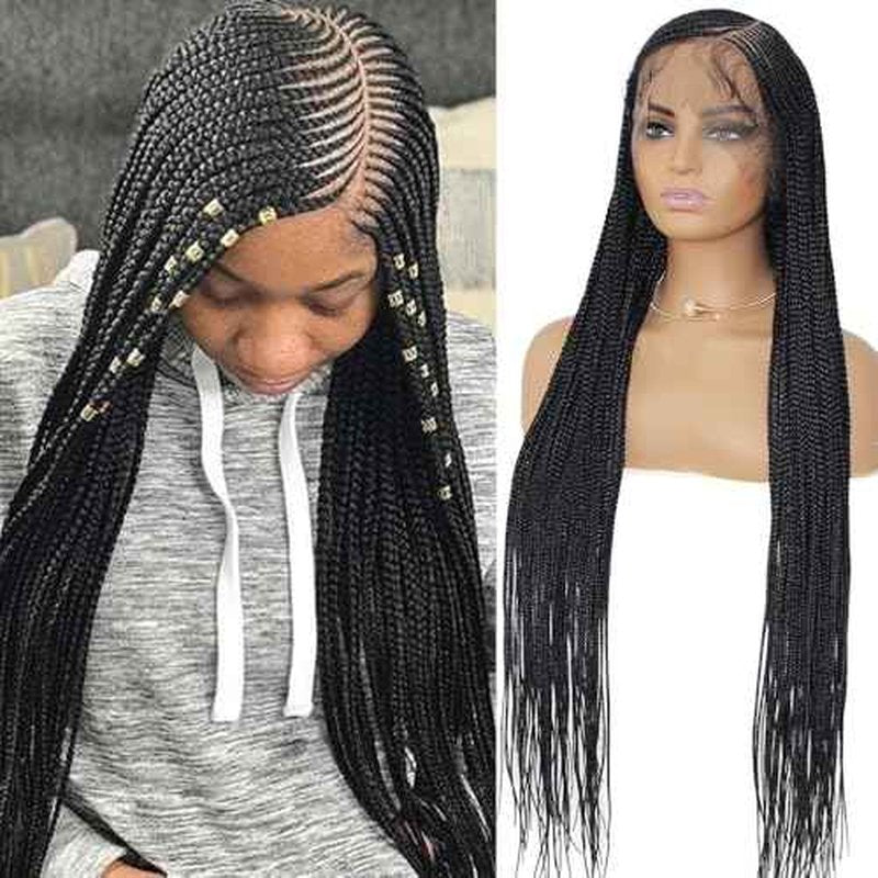36" Braided Wigs for Black Women Full Lace Front Box Braids Wig with Baby Hair Knotless Cornrow Box Braids Wig Natural Deep Side Part Goddess Synthetic Braided Wig for Daily Use