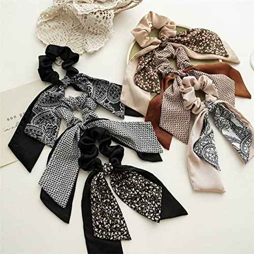 Bandana Hair Scrunchies with Ribbon Bow Scarf Scrunchies for Women, Elegant Floral Hair Ties Plaid Scarf Scrunchies (6 PCS Double Layer)