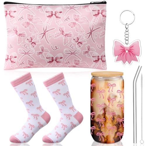 Boao 5 Pcs Pink Bow Gift Set with Glass Cup, Socks, Cosmetic Bag Keychain Coquette Stuff Thank You Gift Box for Girls Women