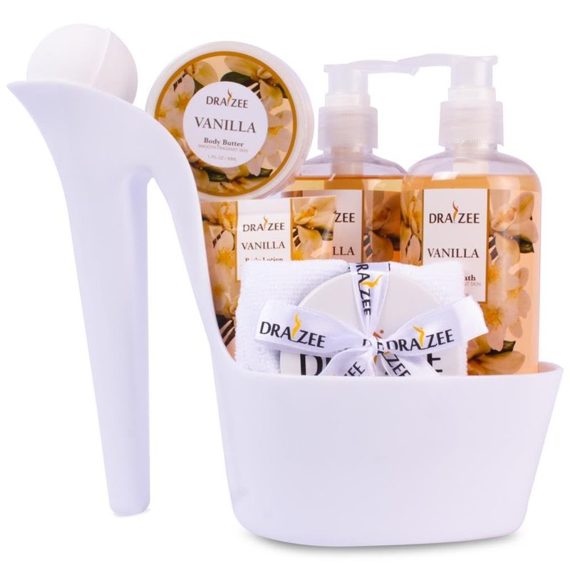 Mother’s Day Gift Baskets for Women, 8 Pc Vanilla Scented Spa Gift Set, Heel Shoe Bath Basket, Luxury Bath and Body Set, Relaxing Self Care Kit for Mom, Home Spa Gift for Her by Draizee