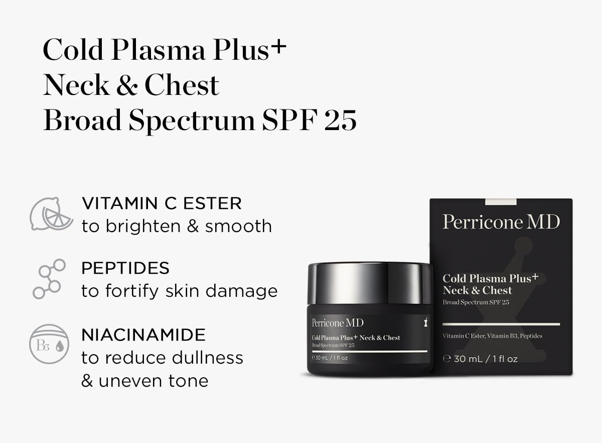 Perricone MD Cold Plasma Plus+ Neck and Chest Broad Spectrum SPF 25 – Neck Firming Cream for Tightening and Firming Sagging Skin – Wrinkle Cream for Crepey Skin & Decollete, 1 fl oz