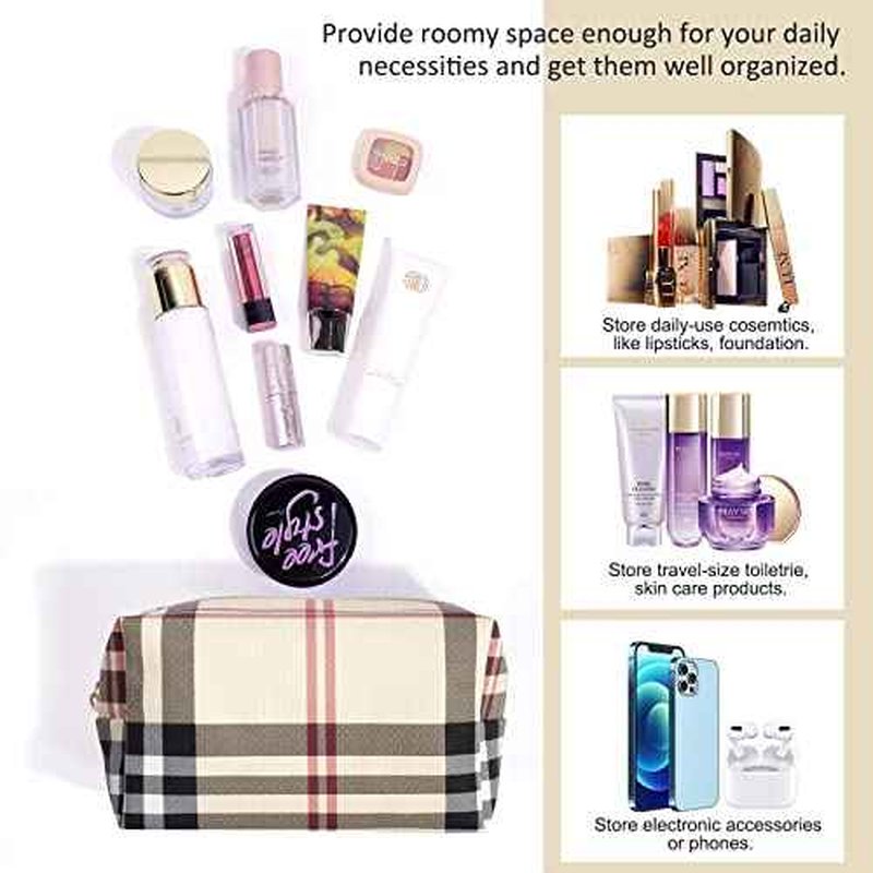 MAANGE Small Makeup Bag for Purse, 2 PCS Cosmetic Bag for Women Travel Makeup Pouch Leather Make up Bag Portable Zipper Pouch Brushes Bag - khaki plaid