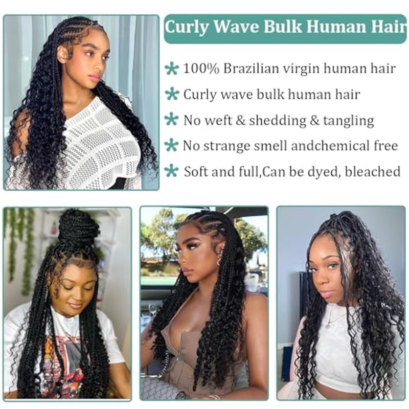 Curly Wave Bulk Human Hair For Braiding No Weft Unprocessed Brazilian Virgin Human Hair Extensions Wet And Wavy Micro Braiding Hair Human Hair Bundles For Boho Braids Natural Color(22inch 2pack/100g)