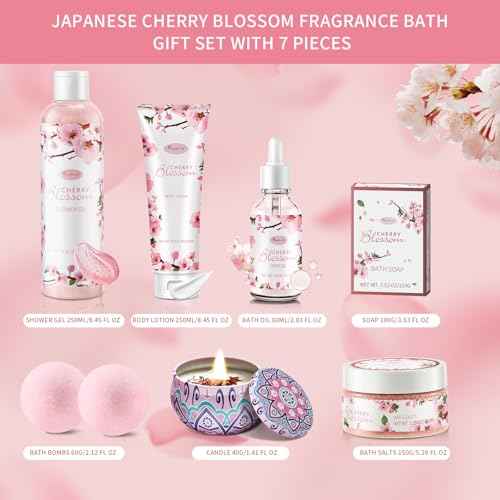 Bath and Body Gift Set for Women & Girls - Japanese Cherry Blossom 7-Piece Luxurious Home Spa Gift Set with Shower Gel, Body Lotion, Bath Oil, Bath Salts, Soap, Bath Bombs, and Candle