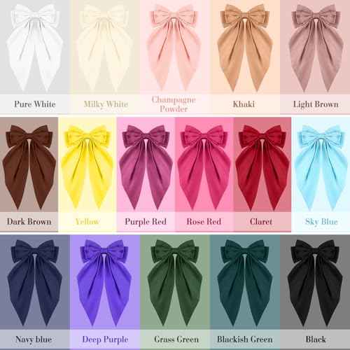 Hoteam 16 Pcs Silky Satin Hair Bows Bulk for Women Large Hair Ribbons Oversized Bows Oversized Long Tail Large Bow-knot Clips Accessories Gifts(Classic)