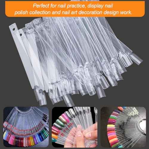 JASSINS 50 Pcs Nail Swatch Sticks with Ring and Numbered Tips - Clear Fan-shaped Display for Nail Art Polish Practice