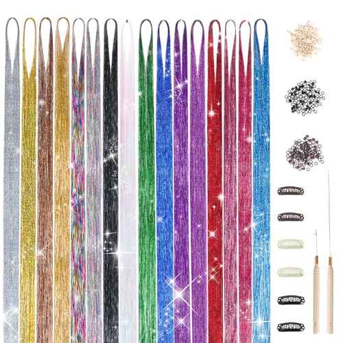 DOORES Hair Tinsel Kit with Tools, Tinsel Hair Extensions 16 Colors 48 Inch 3200 Strands, Colorful Hair Tinsel Stylable Fairy Hair Tinsel for Christmas Halloween Cosplay Party Sparkling Shiny
