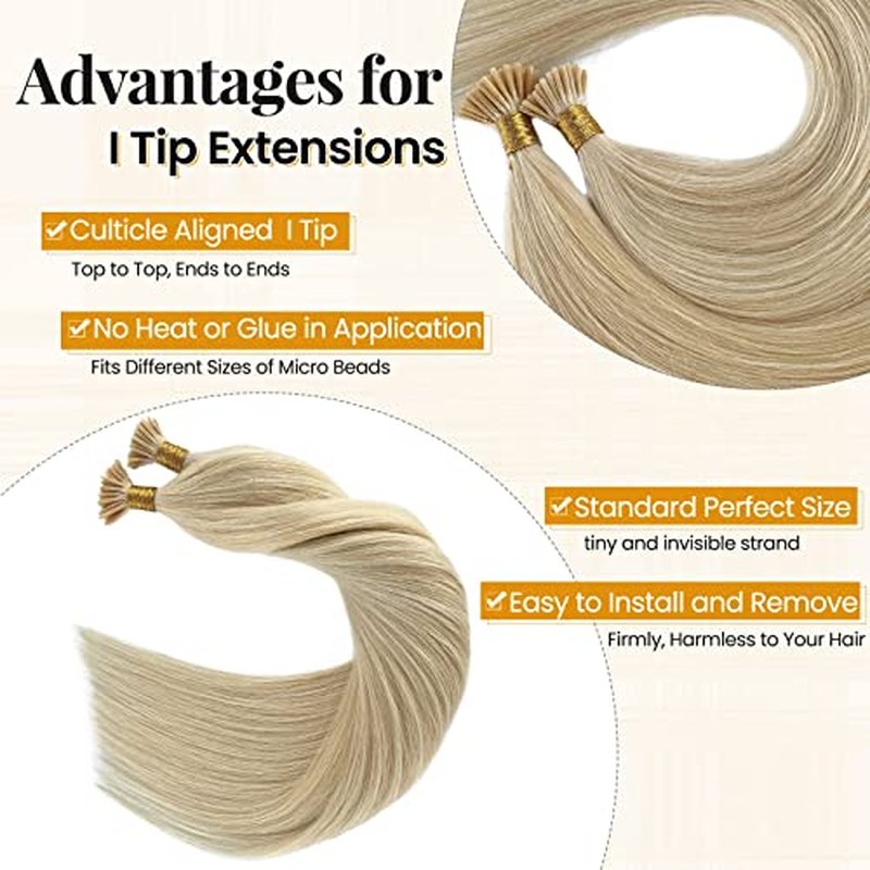 I Tip Human Hair Extension Platinum I Tips Real Hair Extensions for Women 50s 50g Keratin Cold Fusion Pre Bonded Itip Blonde Hair Extensions 22 Inch Silky Straight for Blonde Hair