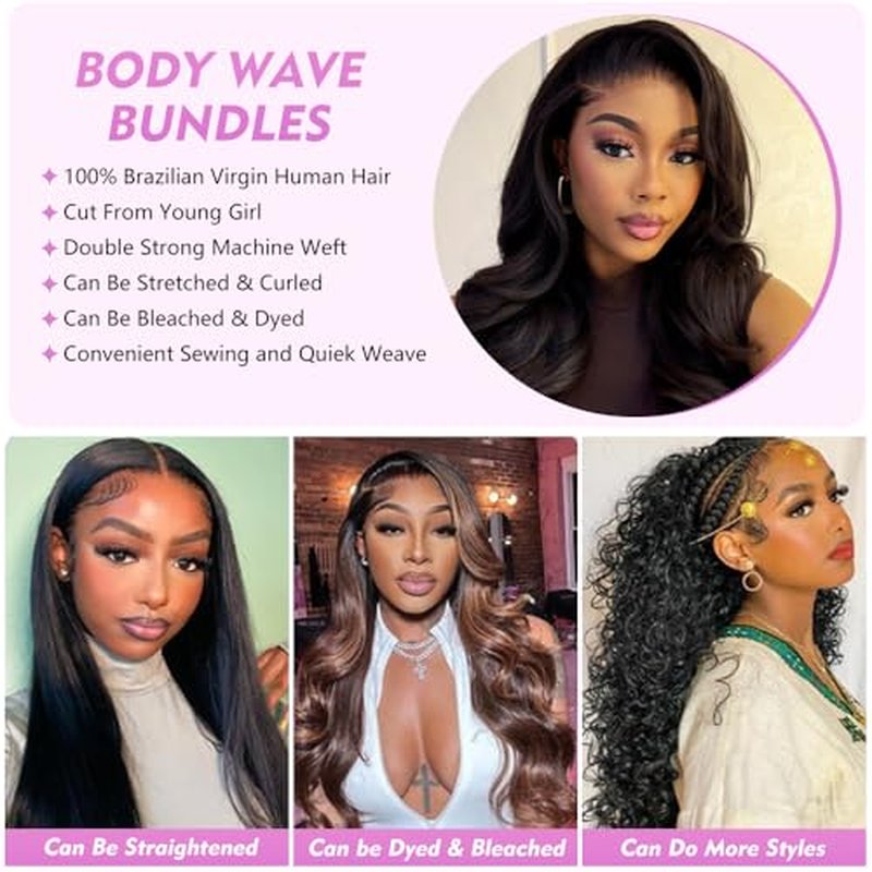Body Wave Bundles Human Hair 14 16 18 20 Inch Human Hair Bundles 100% Unprocessed Brazilian Virgin Quick Weave 4 Bundle Human Hair Extensions for Black Women Natural Color