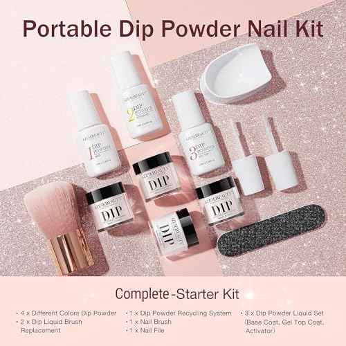 AZUREBEAUTY Dip Powder Nail Kit Starter, All Season Nude Skin Glitter 4 Colors Dipping Powder Liquid Set Recycling Tray with Base & Top Coat Activator for French Nail Art Manicure Salon DIY at Home.