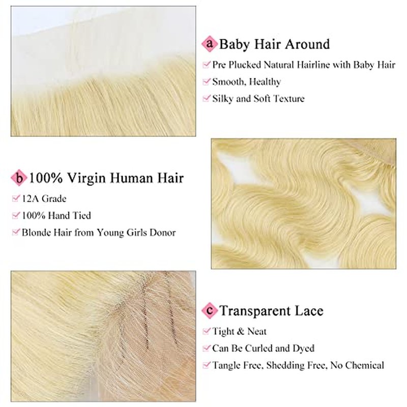 613 Frontal 13x4 Transparent HD Lace Frontal Closure Ear To Ear Body Wave Blonde 12A 100% Russian Platinum Blonde Virgin Remy Human Hair for Women #613 16 Inch