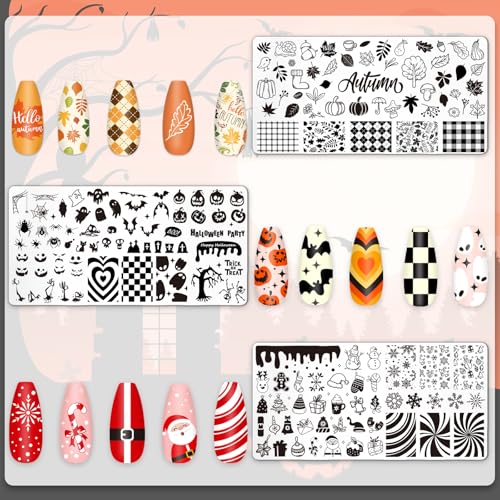 Whaline 6Pcs All Holiday Nail Art Plates Valentines StampTemplates Set Winter Christmas Fall Nail Plates Stamping for Xmas DIY Print Manicure Salon Design Gift
