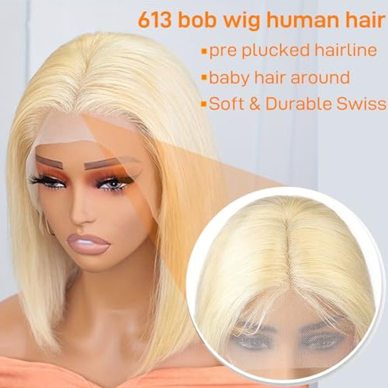 SKYDO 613 Blonde Bob Wig Human Hair 13x4 Bob HD Lace Front Wigs Human Hair 180 Density 613 Bob Wig Pre Plucked Blonde Wigs for Women 12inch