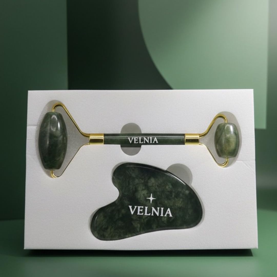 VELNIA Facial Skincare Kit – Jade Roller + Gua Sha + Retinol Serum with Hyaluronic Acid & Vitamin E – Anti-Aging & Face Massage Set for Women and Men
