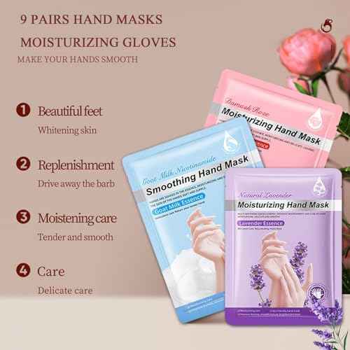Moisturizing Hand Mask Gloves 9 Pairs, Hydrating Hand Masks for Dry Cracked Hands, Exfoliating Hand Peel Mask, Nourishing Hand Treatment Gloves for Women & Men