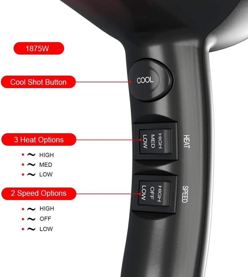 Professional 1875W Hair Dryer - Lightweight Ionic Blow Dryer with 2 Speed & 3 Heat Settings | Includes Diffuser, Concentrator & Comb (Black)