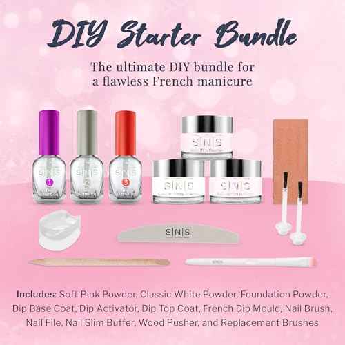 SNS Nail Dip Powder & Dip Essentials Nail Color Kit, DIY Starter Bundle (Pink & White) - Foundation Powder, Dip Activator & Top Coat, Brushes, Cuticle Pusher, Nail File, Buffer, & French Dip Mold