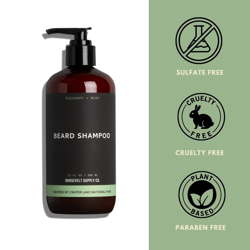 Roosevelt Supply Co. Revitalize Your Beard Natural Beard Shampoo - Sulfate-Free Rosemary & Mint Care, Ideal for Beard Growth, Clean, Healthy Beard. Cruelty Free. 12 FL OZ