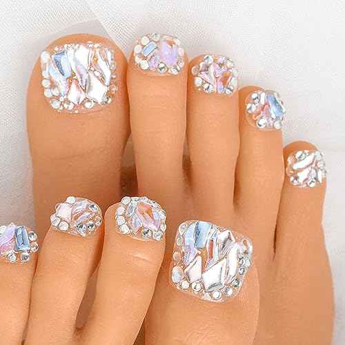 Sethexy Short False Toenails Handmade Rhinestone Wedding Full Cover Press On Toenails Luxury Crystal Fake Toe Nails Acrylic Artificial Stick On Foot Nails for Women and Girls 10Pcs (8, L)