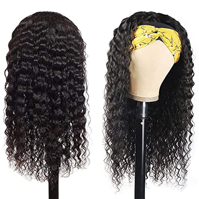 Curly Headband Wig Human Hair 16 Inch Deep Wave Human Hair Headband Wigs for Black Women Human Hair Glueless Real Hair Wig with Headband Attached No Lace Front Wig Human Hair Natural Black Color