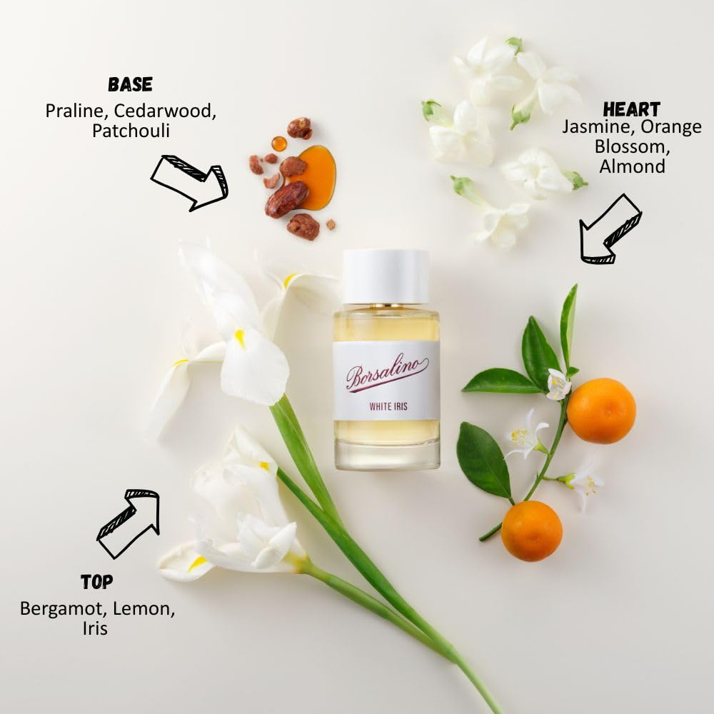 Borsalino White Iris Eau de Parfum – Long Lasting Fruity & Floral Travel Size Perfume for Women with Orange Blossom, Jasmine & Almond – Luxurious Gourmand Scent