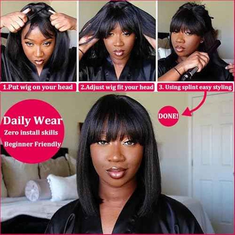 Lusina Short Bob Wig Human Hair Glueless 2x4 HD Lace Colsure Wigs, Ready to Go Wigs For Women Beginner Friendly (Black, 14 Inch)