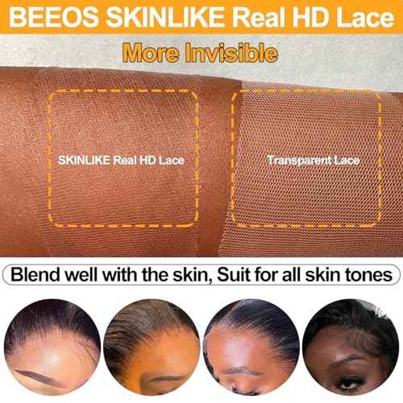 BEEOS Yaki Straight 13x6 SKINLIKE Real HD Lace Frontal, Pre-Plucked Bleached Knots 0.10mm Ultra-thin Invisible HD Lace Human Hair Frontal 14 Inch