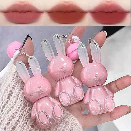3 Colors Red Pink Brown Cute Bunny Lip Gloss Set,2 IN 1 Liquid Velvet Matte Keychain Lipstick Long Lasting Waterproof Lipstick for Women Girls