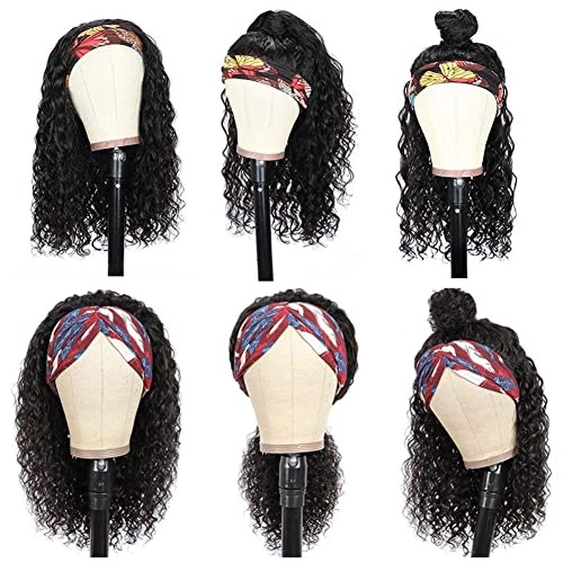 Water Wave Headband Wig Human Hair for Black Women 14 Inch Wet and Wave Headband Wig Brazilian Virgin Hair Glueless None Lace Front Water Wave Wigs Human Hair Natural Black 150% Density