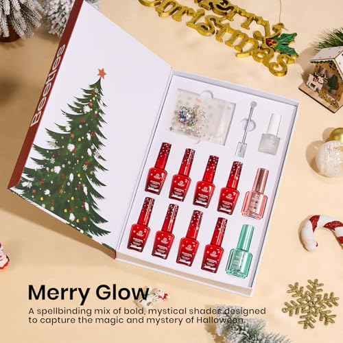 Beetles Merry Glow Christmas Gel Polish Set - 8 Holiday Colors Gel Nail Gift Box with Base&Top Coat, White Red Gold Silver Cat Eye Nude Nail Kit, Uv Led DIY Salon Manicure Kit Beauty Gifts for Women